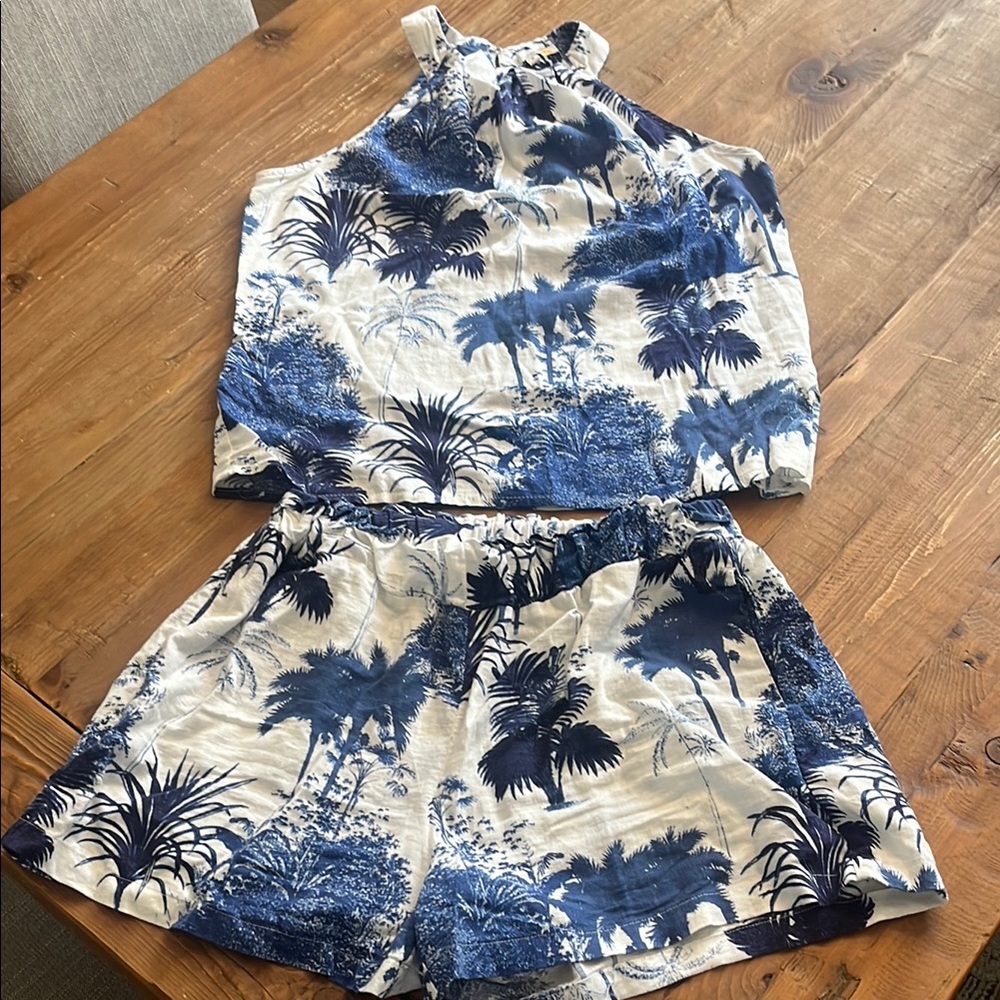 C&C California Blue and White Palm Print Shorts